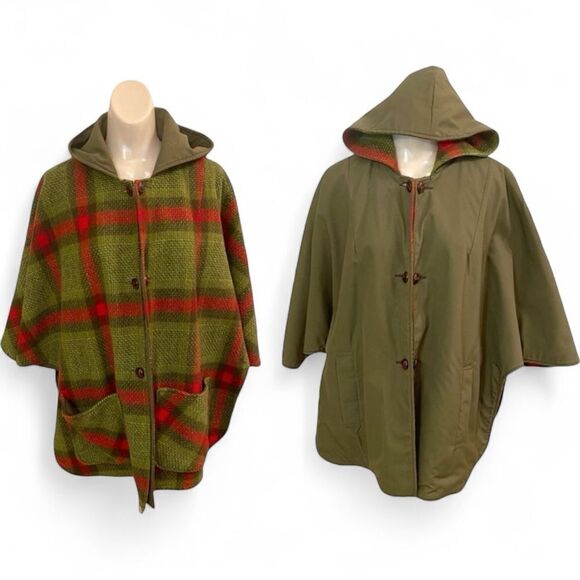 Vintage Pioneer Wear Reversible All Weather Plaid Wool Poncho with Hood - Picture 1 of 16